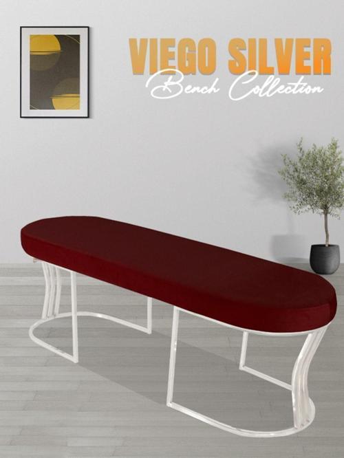 Viego Silver Smooth Bench Lüks Metal Gümüş Ayak, Chester Model Yatak Ucu Bordo Puf