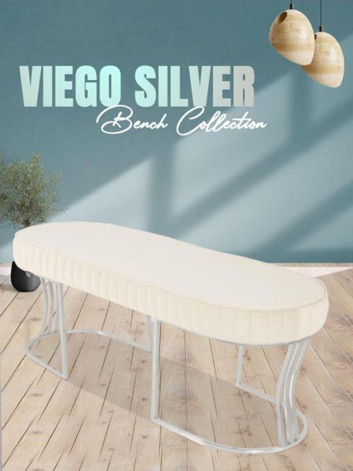 Viego Silver Striped Bench Lüks Metal Gümüş Ayak, Chester Model Yatak Ucu Beyaz Puf