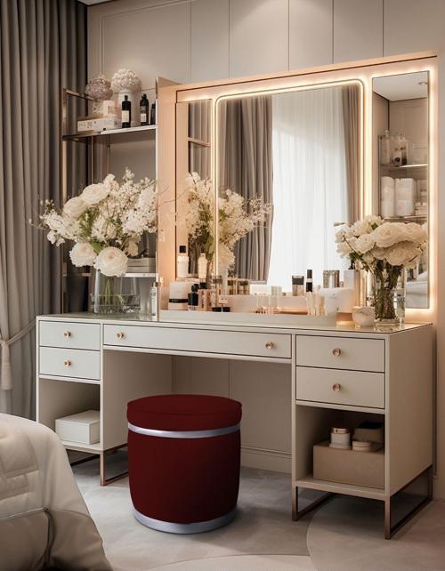 Zerafet Silver Kaplama Luxery Puf Bordo Babyface Kumaş Makyaj Koltuğu