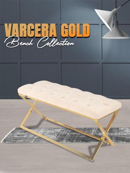 Varcera Gold Bench Çapraz Metal Ayaklı Kapitoneli Model Beyaz Puf