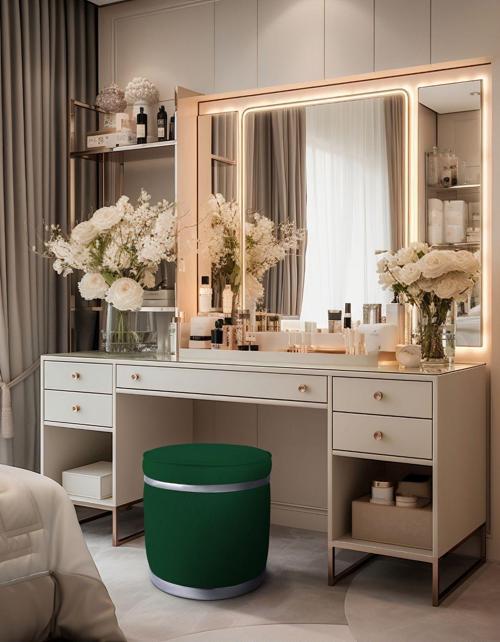 Zerafet Silver Kaplama Luxery Puf Yeşil Babyface Kumaş Makyaj Koltuğu