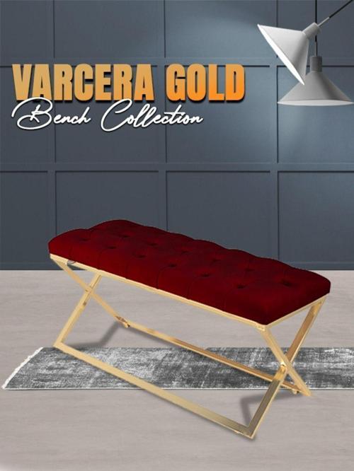 Varcera Gold Bench Çapraz Metal Ayaklı Kapitoneli Model Bordo Puf