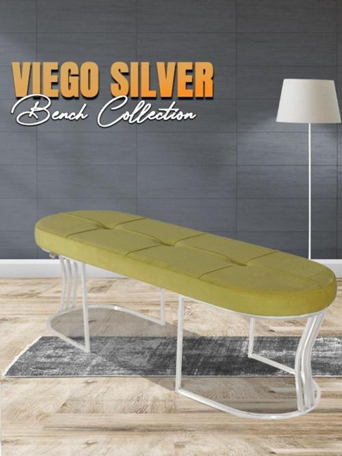 Viego Silver Exclusive Bench Lüks Metal Gümüş Ayak, Chester Model Yatak Ucu Hardal Puf