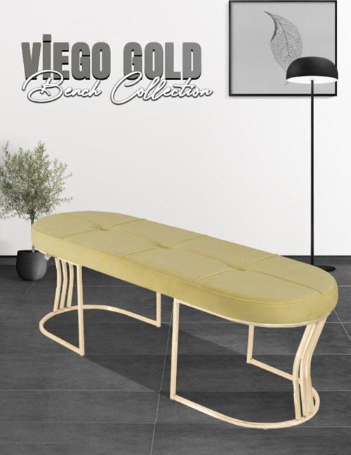 Viego Gold Exclusive Bench Lüks Metal Gold Ayak, Chester Model Yatak Ucu Hardal Puf