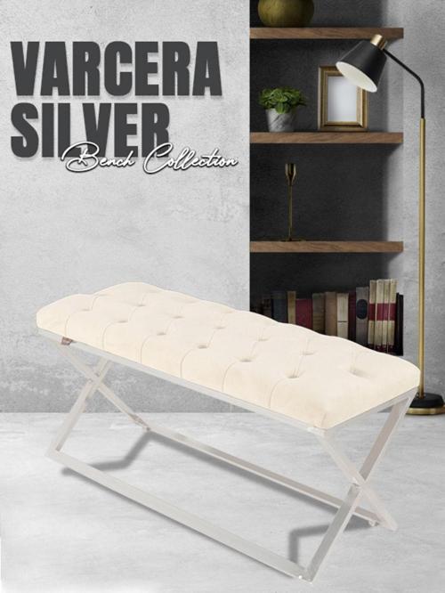 Varcera Silver Bench Çapraz Metal Ayaklı Kapitoneli Model Beyaz Puf