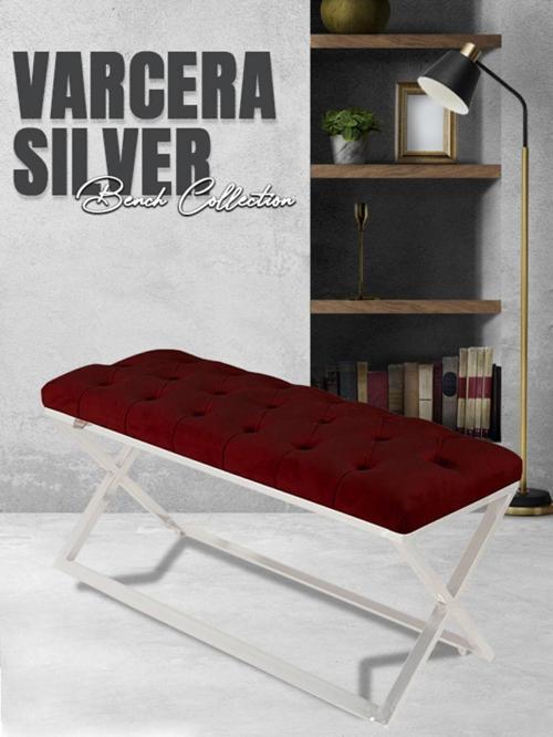 Varcera Silver Bench Çapraz Metal Ayaklı Kapitoneli Model Bordo Puf