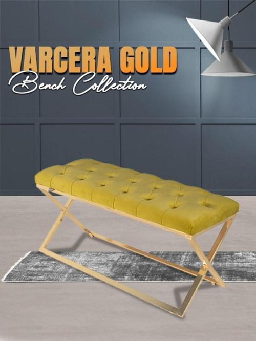 Varcera Gold Bench Çapraz Metal Ayaklı Kapitoneli Model Hardal Puf
