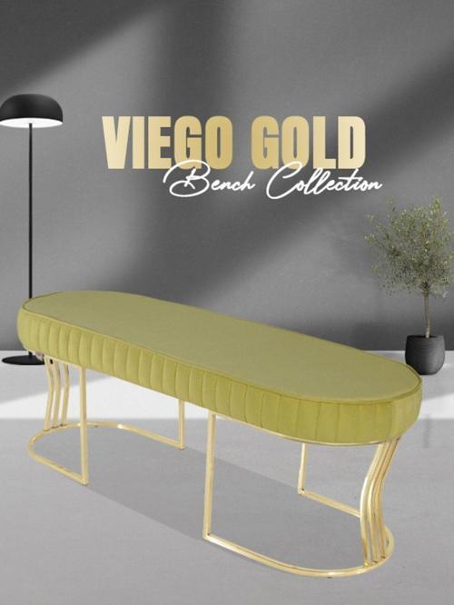 Viego Gold Striped Bench Lüks Metal Gold Ayak, Chester Model Yatak Ucu Hardal Puf