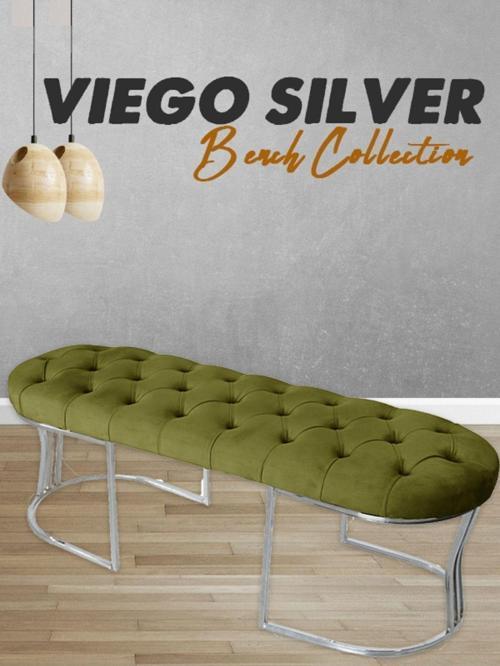 Viego Silver Puf Lüks Metal Gümüş Ayak, Chester Model Yatak Ucu Hardal Bench