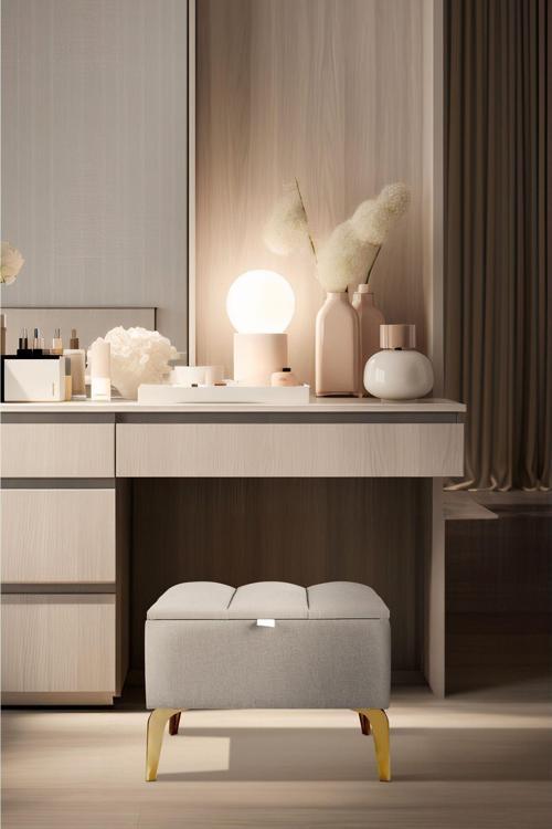 Vetra Mini Royal Bej Kumaş Sandıklı Puf Gold Ayak Dekoratif Bench