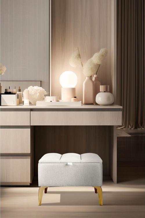 Vetra Mini Royal Beyaz Kumaş Sandıklı Puf Gold Ayak Dekoratif Bench