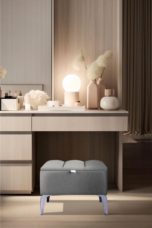 Vetra Mini Royal Gri Kumaş Sandıklı Puf Gümüş Ayak Dekoratif Bench