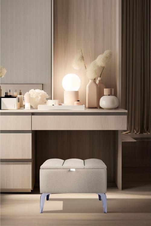 Vetra Mini Royal Krem Kumaş Sandıklı Puf Gümüş Ayak Dekoratif Bench