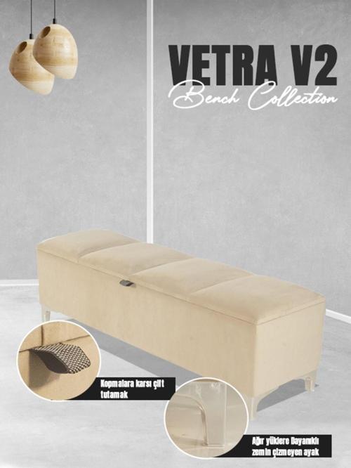 Vetra V2 Sandıklı Puf - Krem Dilimli Model Sandıklı Puf Bench - Sandıklı Yatak Ucu Bankı 40x140 cm