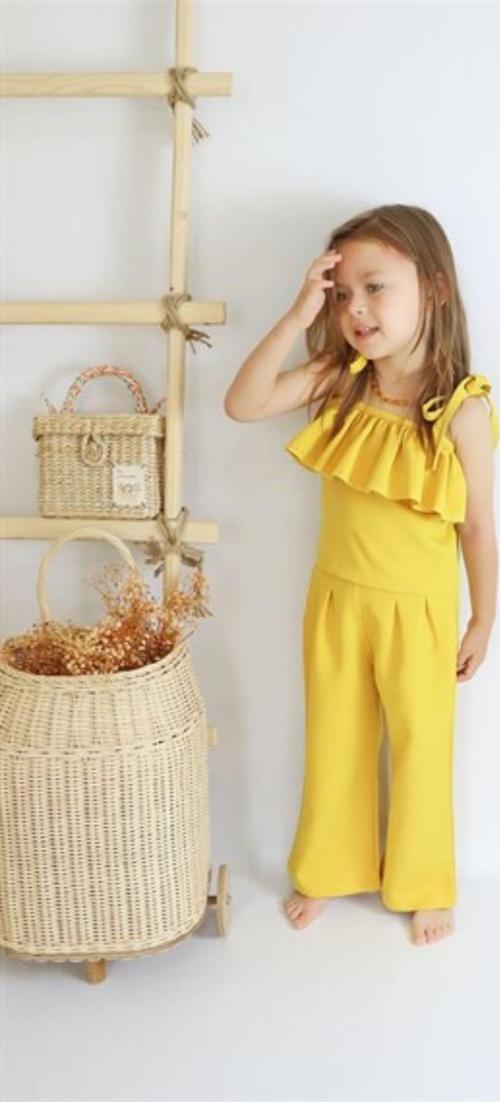 Kız Çocuk Ruffle Sarı Fırfırlı Bluz Pantolon Alt Üst Takım