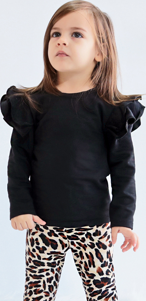 Kız Çocuk Siyah Omuz Fırfırlı Bisiklet Yaka Body Sweatshirt