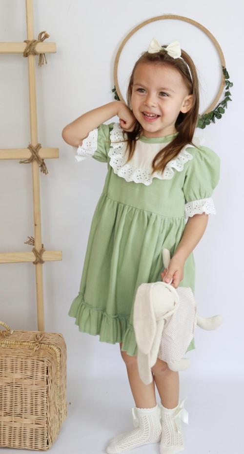 Kız Bebek Ruby Yeşil Fırfırlı Dantel Detaylı Kısa Kollu Elbise Bandana Takım ELB-0070.7