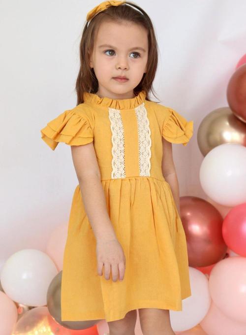 Kız Bebek Laila Dantel Detay Hardal Şile Bezi Elbise Bandana Takım