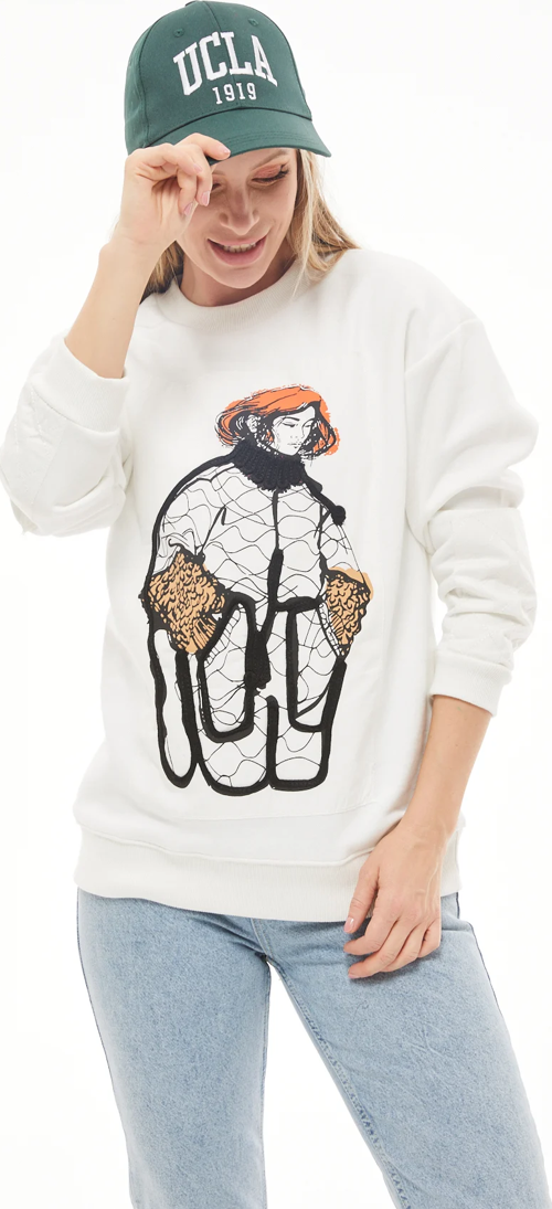 Baskılı Kadın Sweatshirt Ekru ZN5006