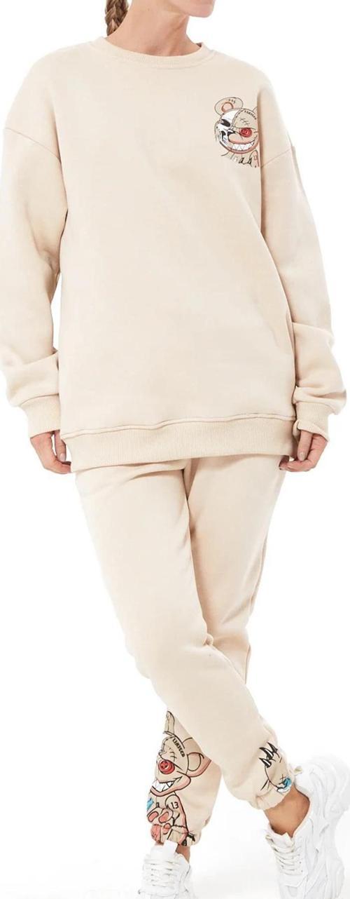 Baskılı Oversize Üç İplik Kadın Eşofman Takımı Bej ZN5004