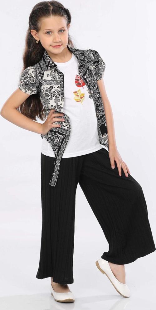 Mornio Kız Çocuk 3'lü Takım Bağlamalı Gömlek-T-shirt ve Geniş Paça Pantolon MRN2422