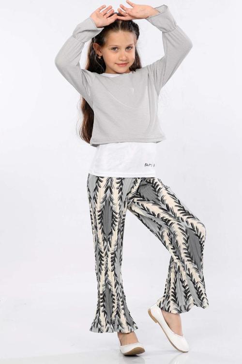 Mornio Kız Çocuk 3'lü Takım Fırfırlı Kol Sweatshirt,T-shirt ve Geniş Paça Pantolon MRN2427
