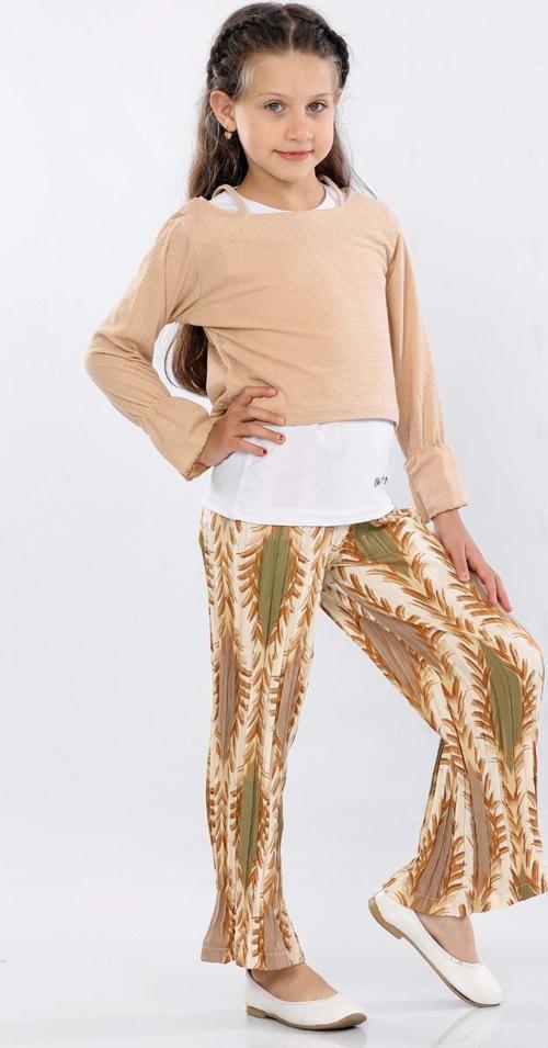 Mornio Kız Çocuk 3'lü Takım Fırfırlı Kol Sweatshirt,T-shirt ve Geniş Paça Pantolon MRN2427