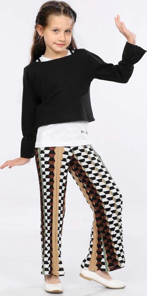 Mornio Kız Çocuk 3'lü Takım Fırfırlı Kol Sweatshirt,T-shirt ve Geniş Paça Pantolon MRN2425