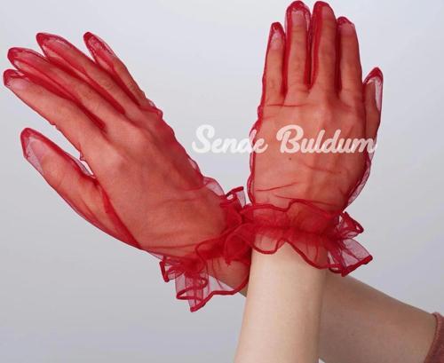 Kısa Boy Likralı Güpürlü Yetişkin Tül Eldiven Kırmızı Renk