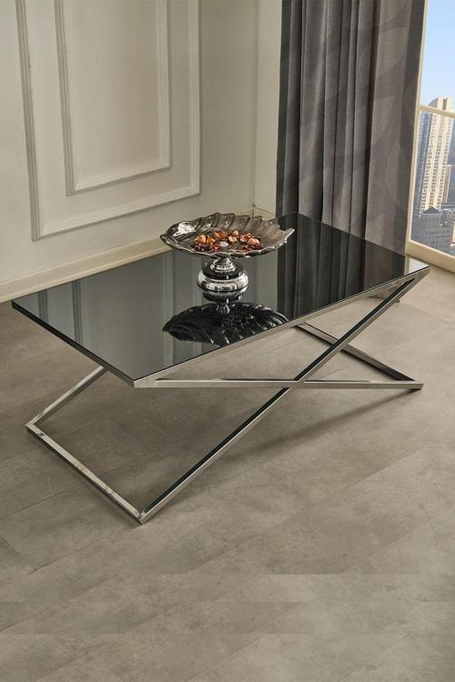 Royal Gümüş Metal Ayak Füme Ayna Orta Sehpa