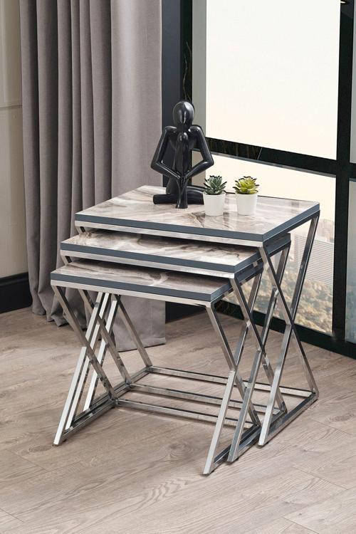 Royal Metal Ayak Mermer Desen Gümüş Zigon Sehpa