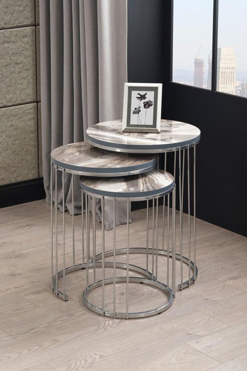 Venüs Gümüş Metal Ayak Gri Mermer Desen Zigon Sehpa