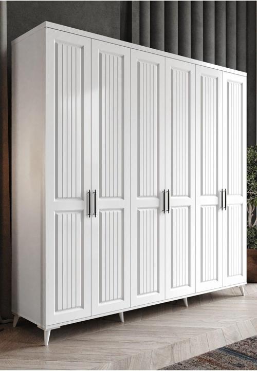 Ücretsiz Montaj - %100 MDF Adenna 6 Kapaklı Beyaz Gardırop - MDF Dolap - Elbise Dolabı