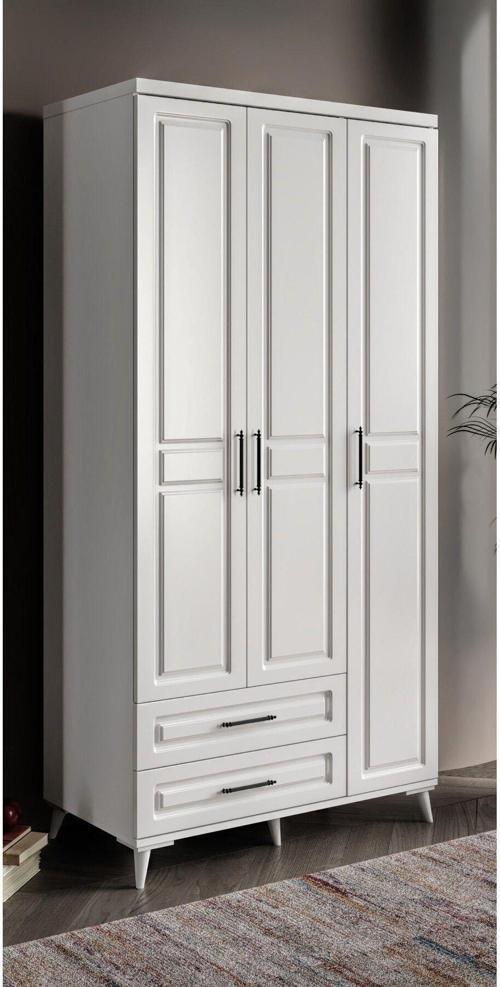Ücretsiz Montaj - %100 MDF Gözde 3 Kapaklı Beyaz Gardırop - MDF Dolap - Elbise Dolabı