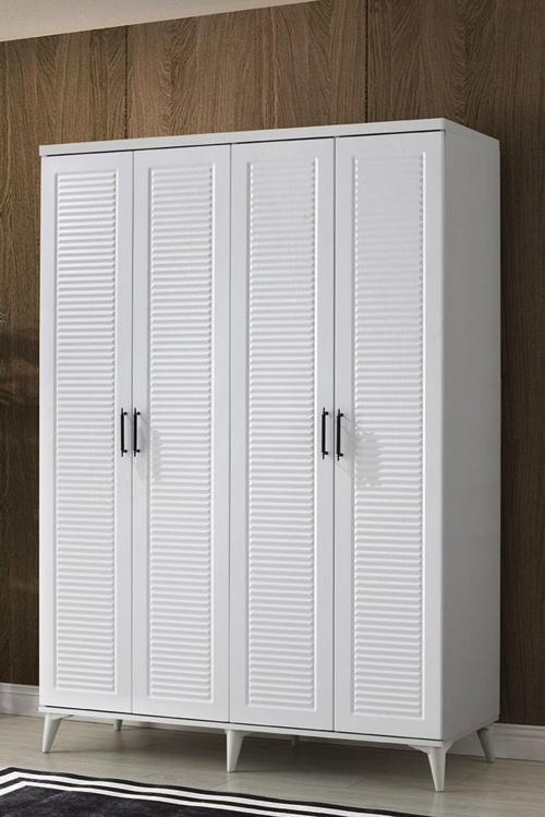 Ücretsiz Montaj - %100 MDF Paris 4 Kapaklı Beyaz Gardırop - MDF Dolap - Elbise Dolabı