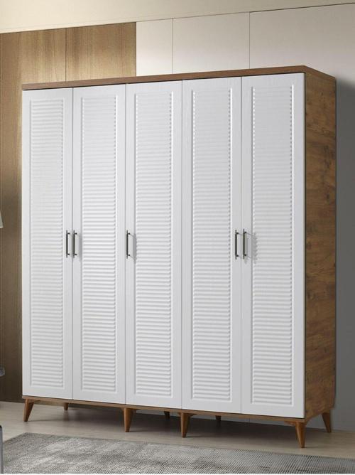 Ücretsiz Montaj Komple Mdf Paris 5 Kapaklı Atlantik Çam-beyaz Gardırop Elbise Dolabı