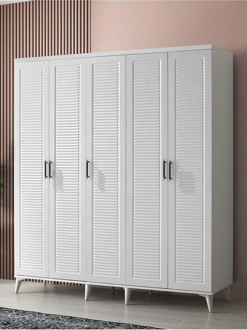 Ücretsiz Montaj - %100 MDF Paris 5 Kapaklı Beyaz Gardırop - MDF Dolap - Elbise Dolabı