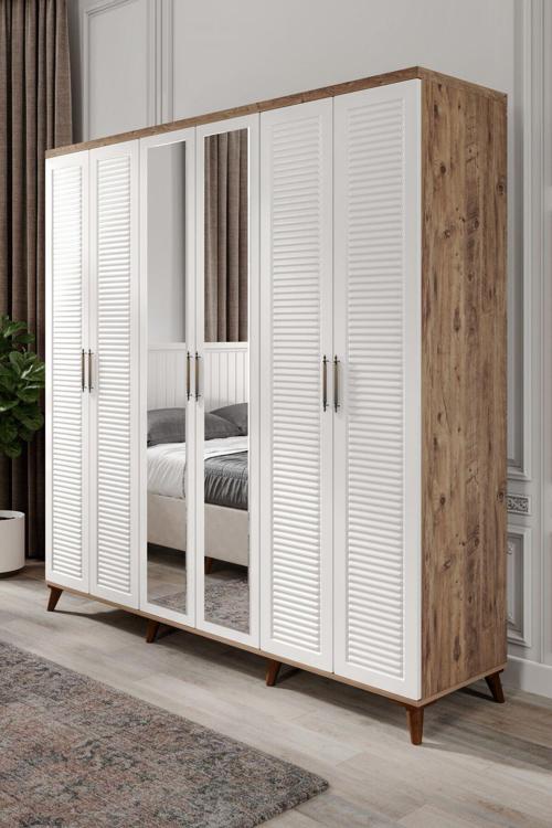 Ücretsiz Montaj Komple Mdf Paris 6 Kapaklı Atlantik-Çam-Beyaz Aynalı Gardırop Gardolap
