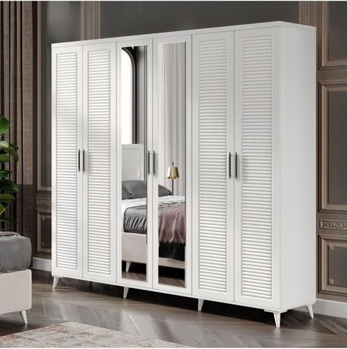 Ücretsiz Montaj Komple MDF Paris 6 Kapaklı Beyaz Aynalı Gardırop Elbise Dolabı Gardolap