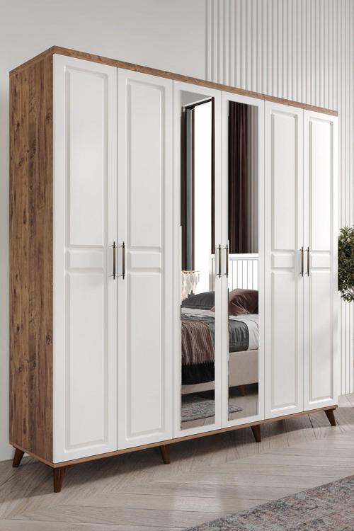 Ücretsiz Montaj Komple MDF Sport 6 Kapaklı Atlantik Çam-beyaz Aynalı Gardırop Elbise Dolabı