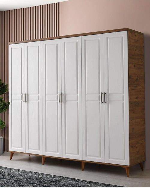 Ücretsiz Montaj Komple Mdf Sport 6 Kapaklı Atlantik Çam-beyaz Gardırop Elbise Dolabı