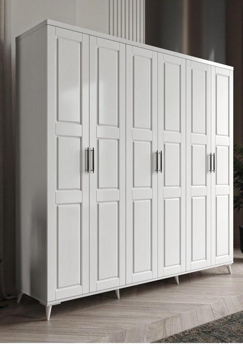 Ücretsiz Montaj - %100 MDF Pana 6 Kapaklı Beyaz Gardırop - MDF Dolap - Elbise Dolabı