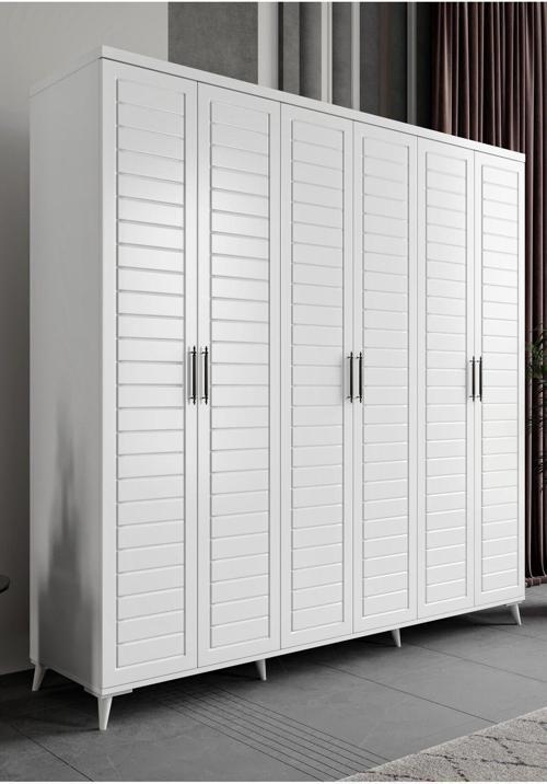 Ücretsiz Montaj - %100 MDF Rodos 6 Kapaklı Beyaz Gardırop - MDF Dolap - Elbise Dolabı
