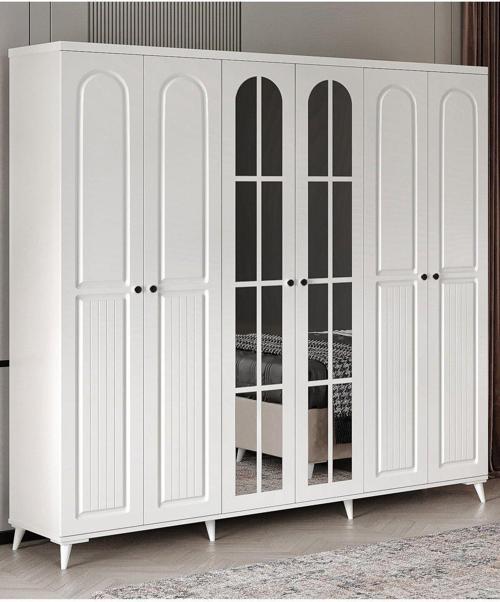 Ücretsiz Montaj - %100 MDF Roma 6 Kapaklı Beyaz  Aynalı Gardırop - MDF Dolap - Elbise Dolabı