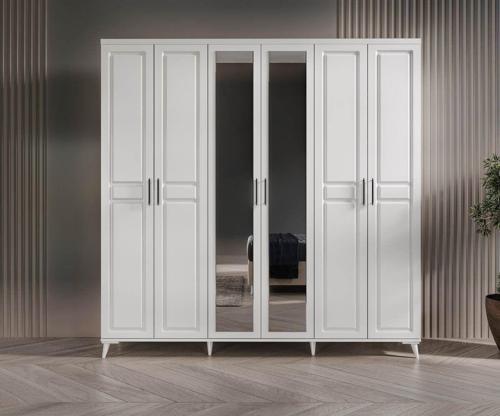 Ücretsiz Montaj Sport 6 Kapaklı Aynalı Komple MDF Beyaz Gardırop Elbise Dolabı