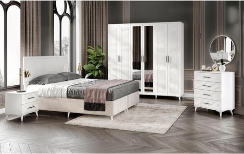 Komple Mdf Paris 6 Kapaklı Beyaz Yatak Odası Takımı Bazalı