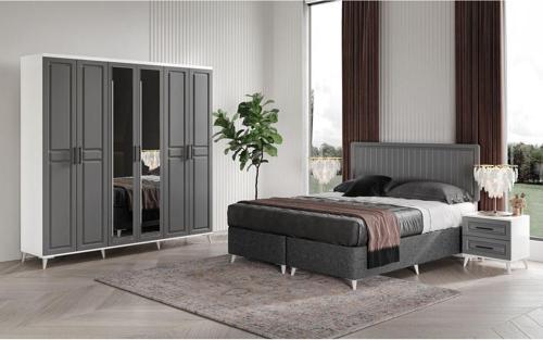 Komple MDF Sport 6 Kapaklı Antrasit-Beyaz Yatak Odası Takımı Baza Dahil