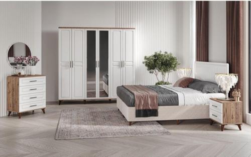 Ücretsiz Montaj  -%100 MDF Sport 6 Kapaklı Atlantik Çam-Beyaz Yatak Odası Takımı (Bazalı)