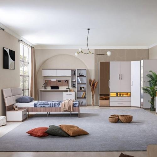 Genç Odası - 5 Kapaklı Aynalı Dolap, Karyola, Komodin, Çalışma Masası, Kitaplık