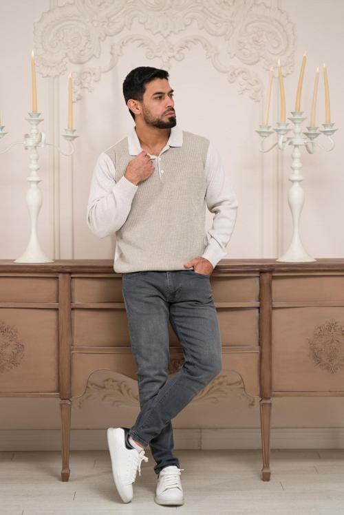 Polo Yaka Armürlü Yünlü Erkek Triko Kazak